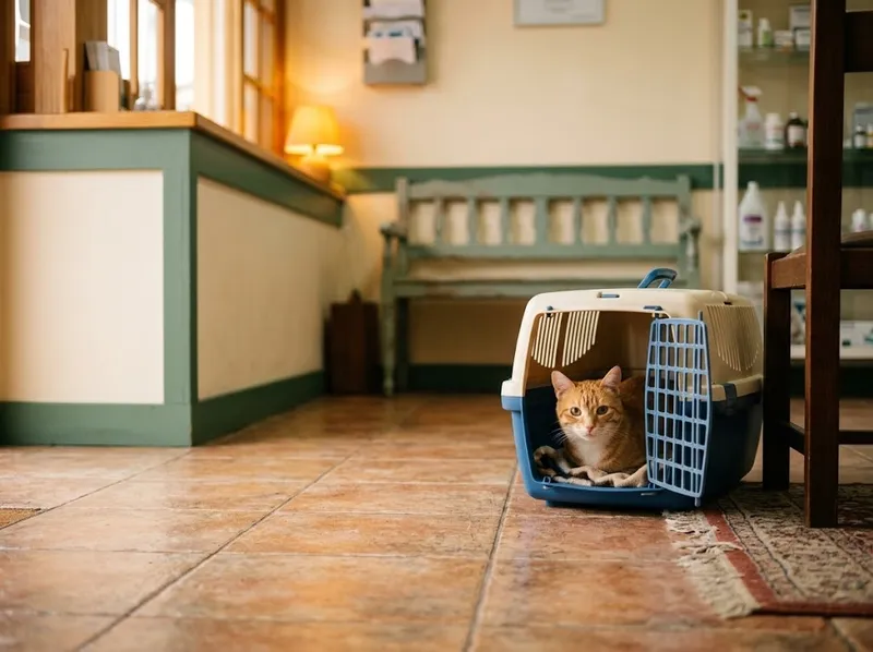 Um gato tranquilo a espreitar de uma transportadora aberta