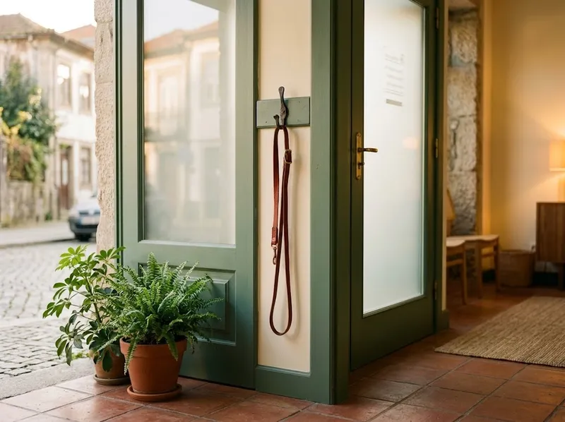 Uma trela pendurada junto à porta de uma clínica