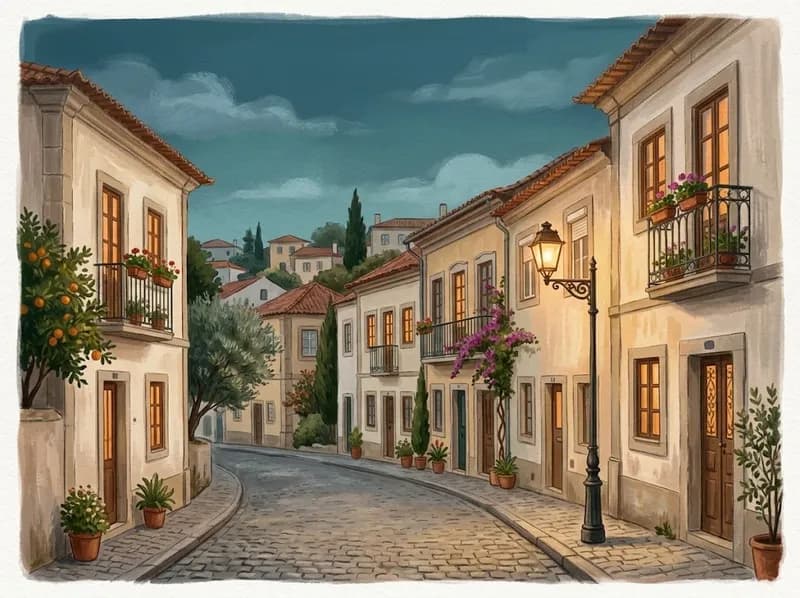 Uma rua residencial tranquila da Maia ao anoitecer